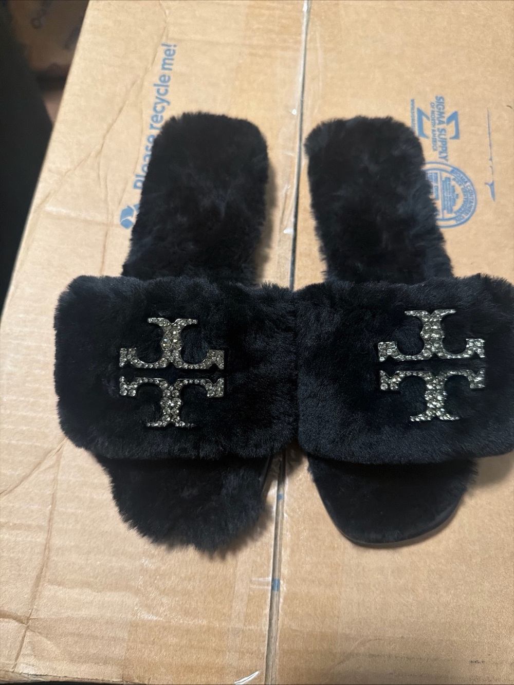 Tory Burch Double T Black Sheepskin Shearling Slide Slippers Womens 6.5 no box